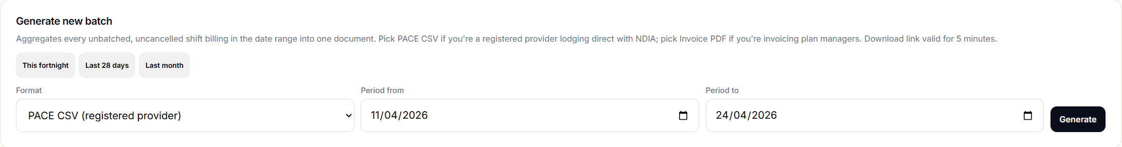 Billing and Claims Generate new batch card with preset buttons and format dropdown